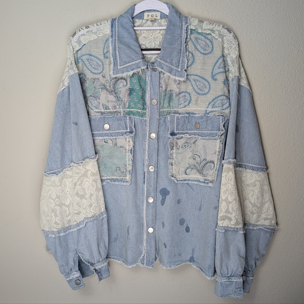 POL Patchwork Denim Jacket Women's Small Shirt Bl… - image 1